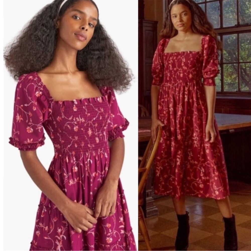 Hill House Nap Dress | Burgundy Botanical | Size M | Cottagecore Midi Dress